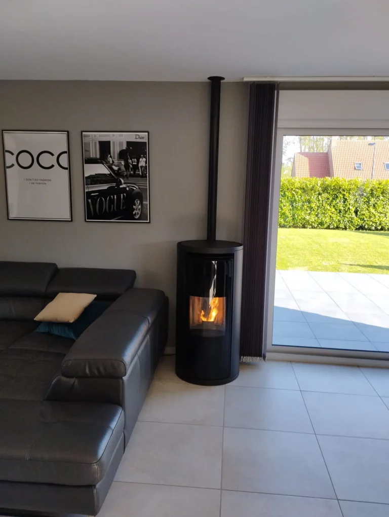 Photo Poêle à granule rond noir avec tubage dans le salon